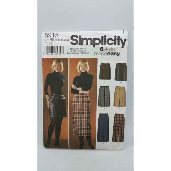 Simplicity Sewing Pattern #5915 Size R5 14,16,18,20,22 Misses 6 Skirts 3 Lengths - Picture 1 of 5